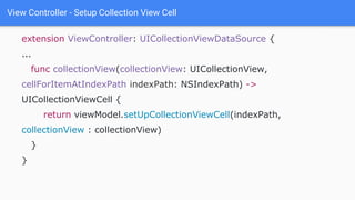 View Controller - Setup Collection View Cell
extension ViewController: UICollectionViewDataSource {
...
func collectionView(collectionView: UICollectionView,
cellForItemAtIndexPath indexPath: NSIndexPath) ->
UICollectionViewCell {
return viewModel.setUpCollectionViewCell(indexPath,
collectionView : collectionView)
}
}
 