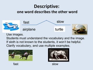 Descriptive:
one word describes the other word
airplane
fast
sloth
slow
Use images.
Students must understand the vocabulary and the image.
If sloth is not known to the students, it won’t be helpful.
Clarify vocabulary, and use multiple examples.
turtle
fast slow
 