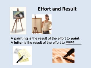 Effort and Result
A painting is the result of the effort to paint.
A letter is the result of the effort to ________write
 