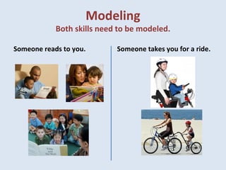 Modeling
Both skills need to be modeled.
Someone reads to you. Someone takes you for a ride.
 