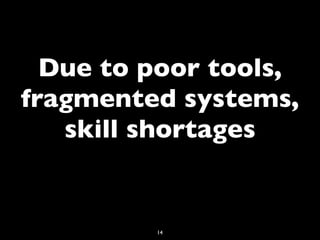 Due to poor tools,
fragmented systems,
   skill shortages


         14
 