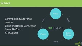 Weave
• Common language for all
devices
• Cloud and Device Connection
• Cross Platform
• API Support
 