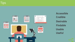 Tips
Useful
Usable
Credible
Accessible
Findable
Desirable
 