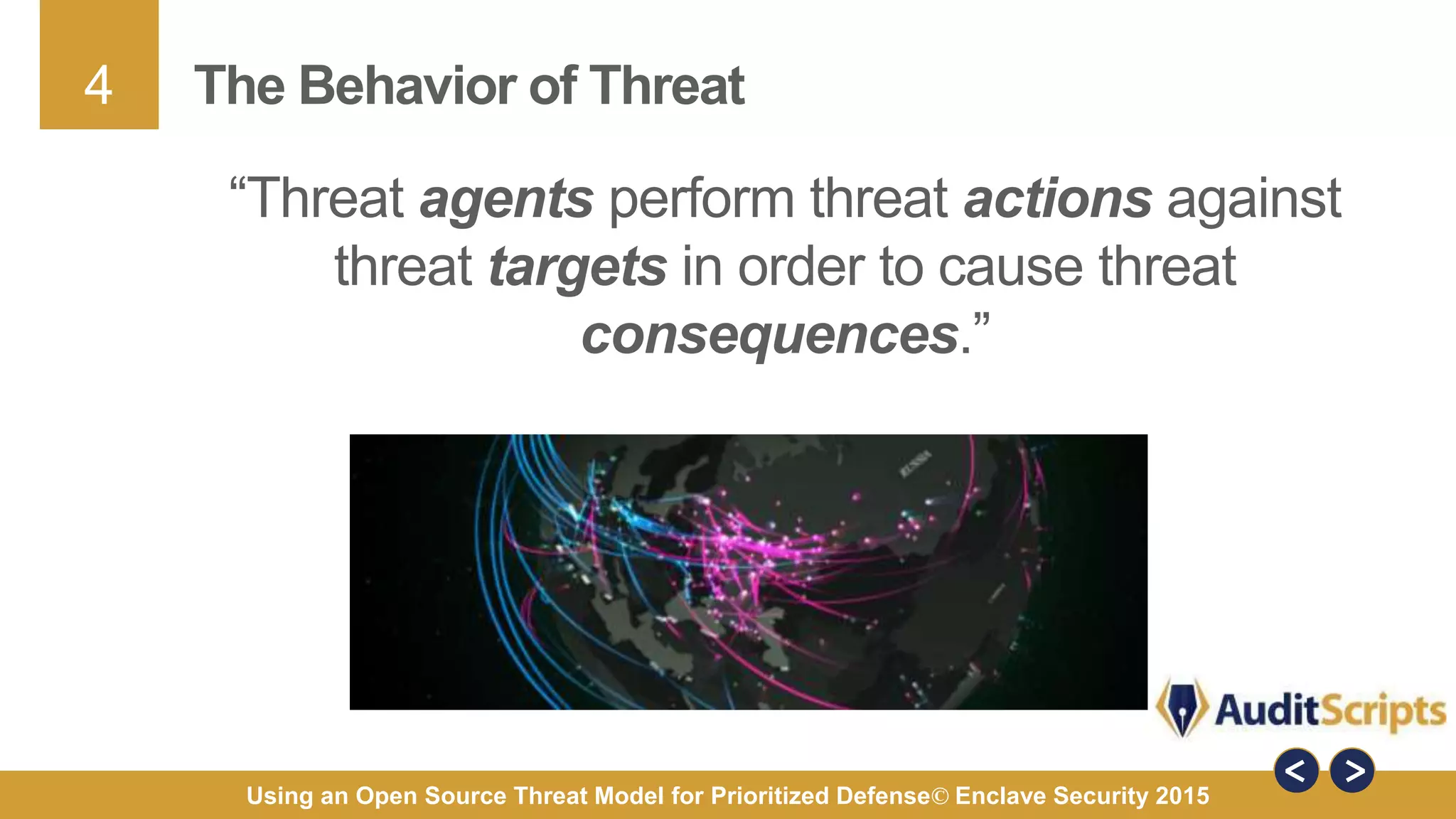 4
Using an Open Source Threat Model for Prioritized Defense© Enclave Security 2015
The Behavior of Threat
“Threat agents perform threat actions against
threat targets in order to cause threat
consequences.”
 