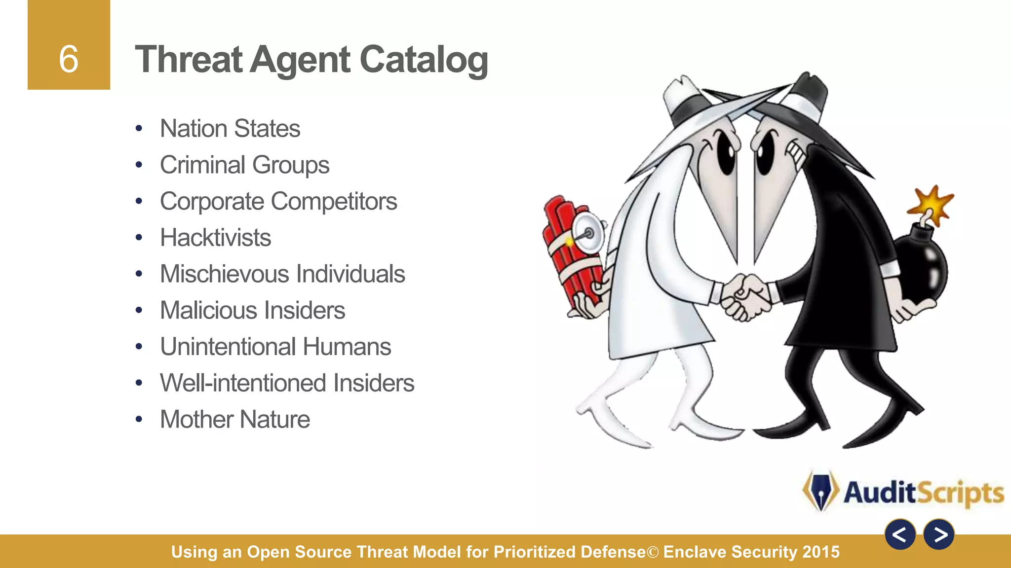 6
Using an Open Source Threat Model for Prioritized Defense© Enclave Security 2015
Threat Agent Catalog
• Nation States
• Criminal Groups
• Corporate Competitors
• Hacktivists
• Mischievous Individuals
• Malicious Insiders
• Unintentional Humans
• Well-intentioned Insiders
• Mother Nature
 