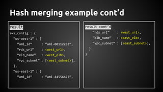 Hash merging example cont’d
result
aws_config : {
“us-west-1” : {
“ami_id” : “ami-00112233”,
“rds_url” : <west_url>,
“elb_name” : <west_elb>,
“vpc_subnet” : [<west_subnet>],
},
“us-east-1” : {
“ami_id” : “ami-44556677”,
result cont’d
“rds_url” : <west_url>,
“elb_name” : <east_elb>,
“vpc_subnet” : [<east_subnet>],
}
}
 