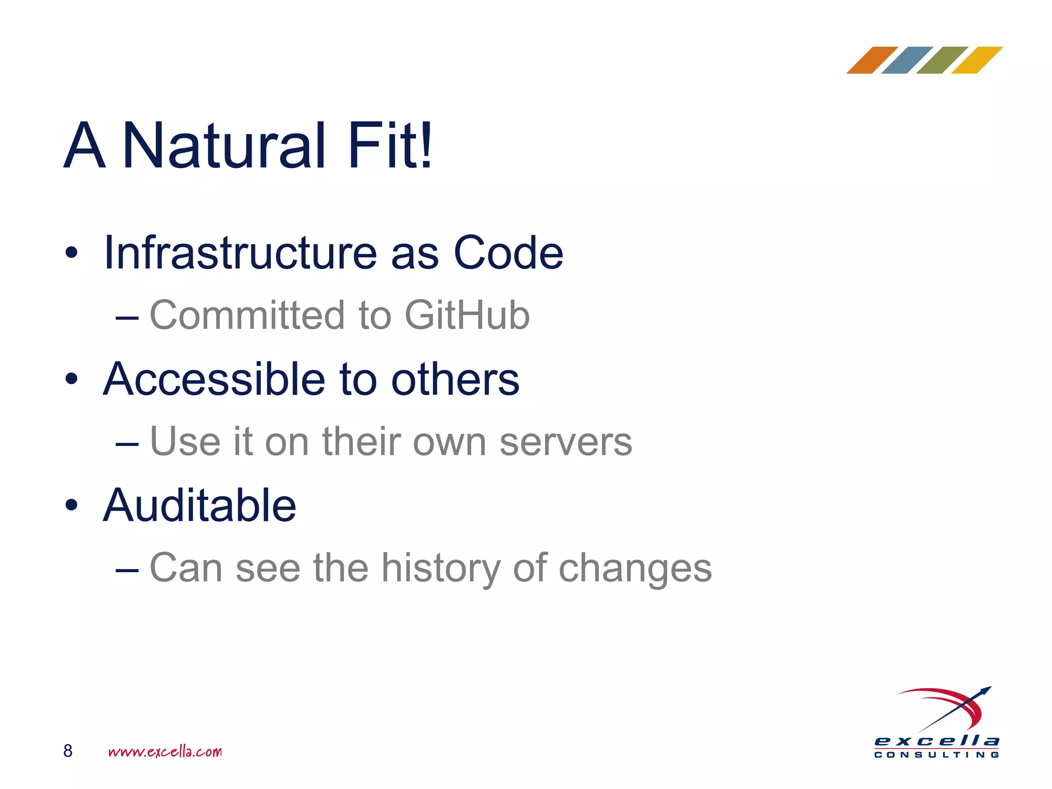 • Infrastructure as Code
– Committed to GitHub
• Accessible to others
– Use it on their own servers
• Auditable
– Can see the history of changes
A Natural Fit!
8
 