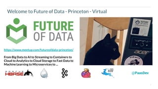 3
Welcome to Future of Data - Princeton - Virtual
@PaasDev
https://www.meetup.com/futureofdata-princeton/
From Big Data to AI to Streaming to Containers to
Cloud to Analytics to Cloud Storage to Fast Data to
Machine Learning to Microservices to ...
 