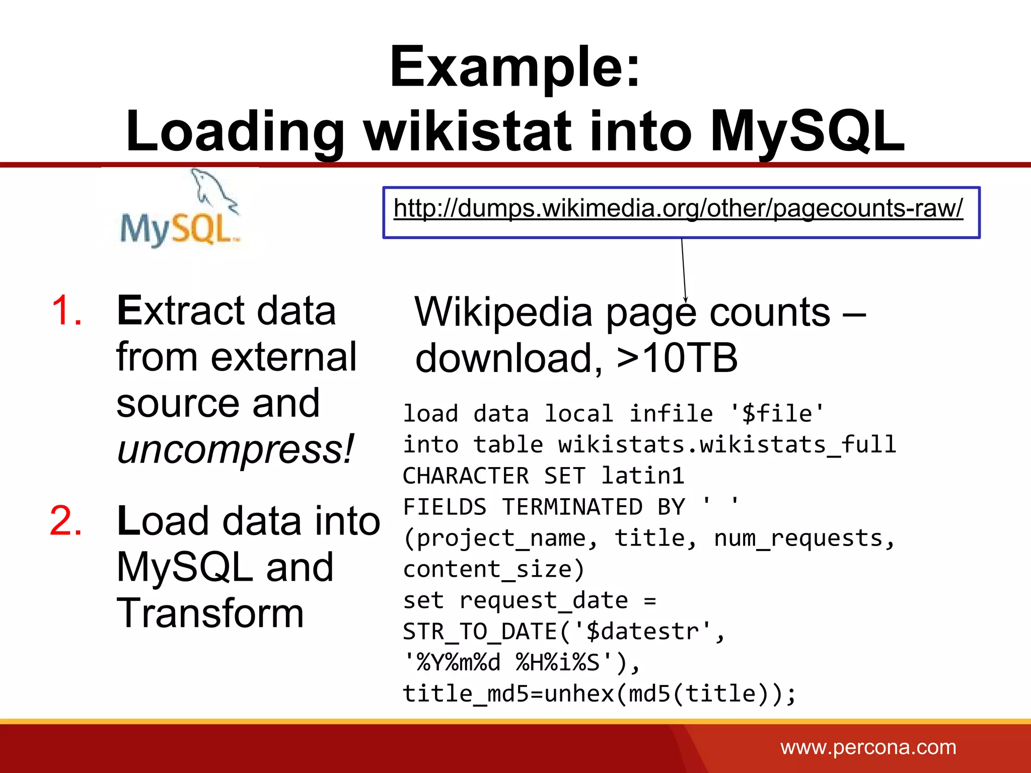 www.percona.com
Example:
Loading wikistat into MySQL
1. Extract data
from external
source and
uncompress!
2. Load data into
MySQL and
Transform
Wikipedia page counts –
download, >10TB
load data local infile '$file'
into table wikistats.wikistats_full
CHARACTER SET latin1
FIELDS TERMINATED BY ' '
(project_name, title, num_requests,
content_size)
set request_date =
STR_TO_DATE('$datestr',
'%Y%m%d %H%i%S'),
title_md5=unhex(md5(title));
http://dumps.wikimedia.org/other/pagecounts-raw/
 
