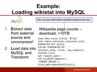 www.percona.com
Example:
Loading wikistat into MySQL
1. Extract data
from external
source and
uncompress!
2. Load data into
MySQL and
Transform
Wikipedia page counts –
download, >10TB
load data local infile '$file'
into table wikistats.wikistats_full
CHARACTER SET latin1
FIELDS TERMINATED BY ' '
(project_name, title, num_requests,
content_size)
set request_date =
STR_TO_DATE('$datestr',
'%Y%m%d %H%i%S'),
title_md5=unhex(md5(title));
http://dumps.wikimedia.org/other/pagecounts-raw/
 