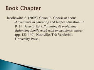 Jacobowitz, S. (2005). Chuck E. Cheese at noon:
Adventures in parenting and higher education. In
R. H. Bassett (Ed.), Parenting & professing:
Balancing family work with an academic career
(pp. 133-140). Nashville, TN: Vanderbilt
University Press.
 