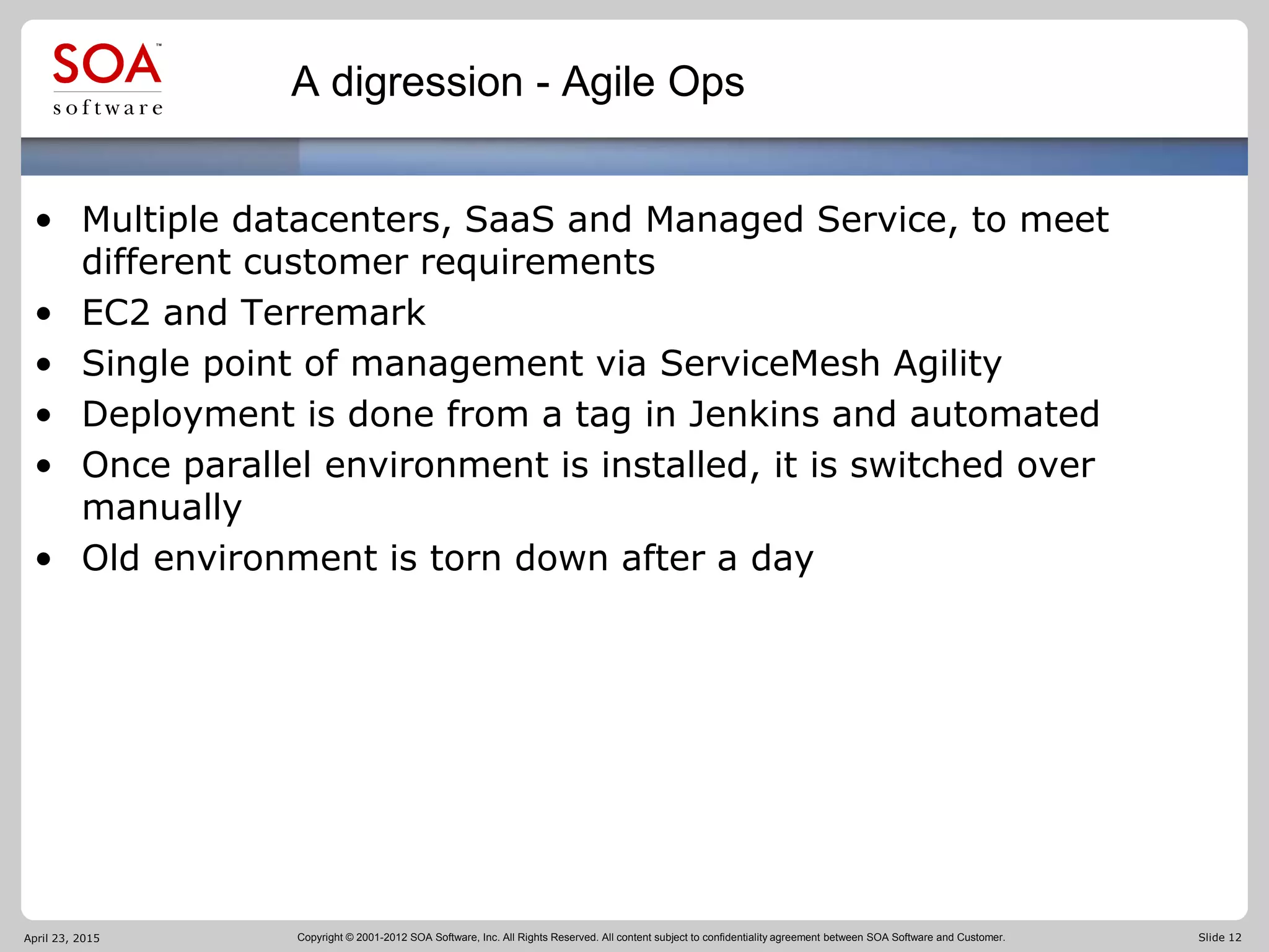 Copyright © 2001-2012 SOA Software, Inc. All Rights Reserved. All content subject to confidentiality agreement between SOA Software and Customer. Slide 12
A digression - Agile Ops
• Multiple datacenters, SaaS and Managed Service, to meet
different customer requirements
• EC2 and Terremark
• Single point of management via ServiceMesh Agility
• Deployment is done from a tag in Jenkins and automated
• Once parallel environment is installed, it is switched over
manually
• Old environment is torn down after a day
April 23, 2015
 