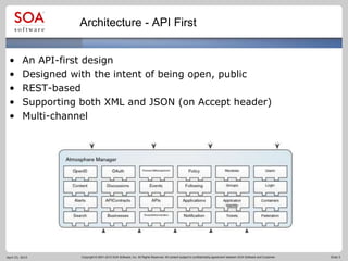 Copyright © 2001-2012 SOA Software, Inc. All Rights Reserved. All content subject to confidentiality agreement between SOA Software and Customer. Slide 5
Architecture - API First
• An API-first design
• Designed with the intent of being open, public
• REST-based
• Supporting both XML and JSON (on Accept header)
• Multi-channel
April 23, 2015
 