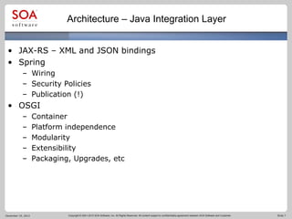 Architecture – Java Integration Layer
• JAX-RS – XML and JSON bindings
• Spring
– Wiring
– Security Policies
– Publication (!)

• OSGI
–
–
–
–
–

December 19, 2013

Container
Platform independence
Modularity
Extensibility
Packaging, Upgrades, etc

Copyright © 2001-2012 SOA Software, Inc. All Rights Reserved. All content subject to confidentiality agreement between SOA Software and Customer.

Slide 7

 