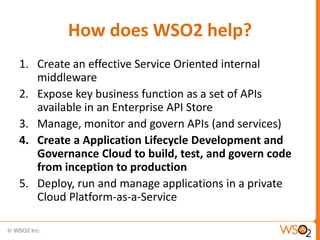How does WSO2 help?
1. Create an effective Service Oriented internal
   middleware
2. Expose key business function as a set of APIs
   available in an Enterprise API Store
3. Manage, monitor and govern APIs (and services)
4. Create a Application Lifecycle Development and
   Governance Cloud to build, test, and govern code
   from inception to production
5. Deploy, run and manage applications in a private
   Cloud Platform-as-a-Service

                                                      5
 