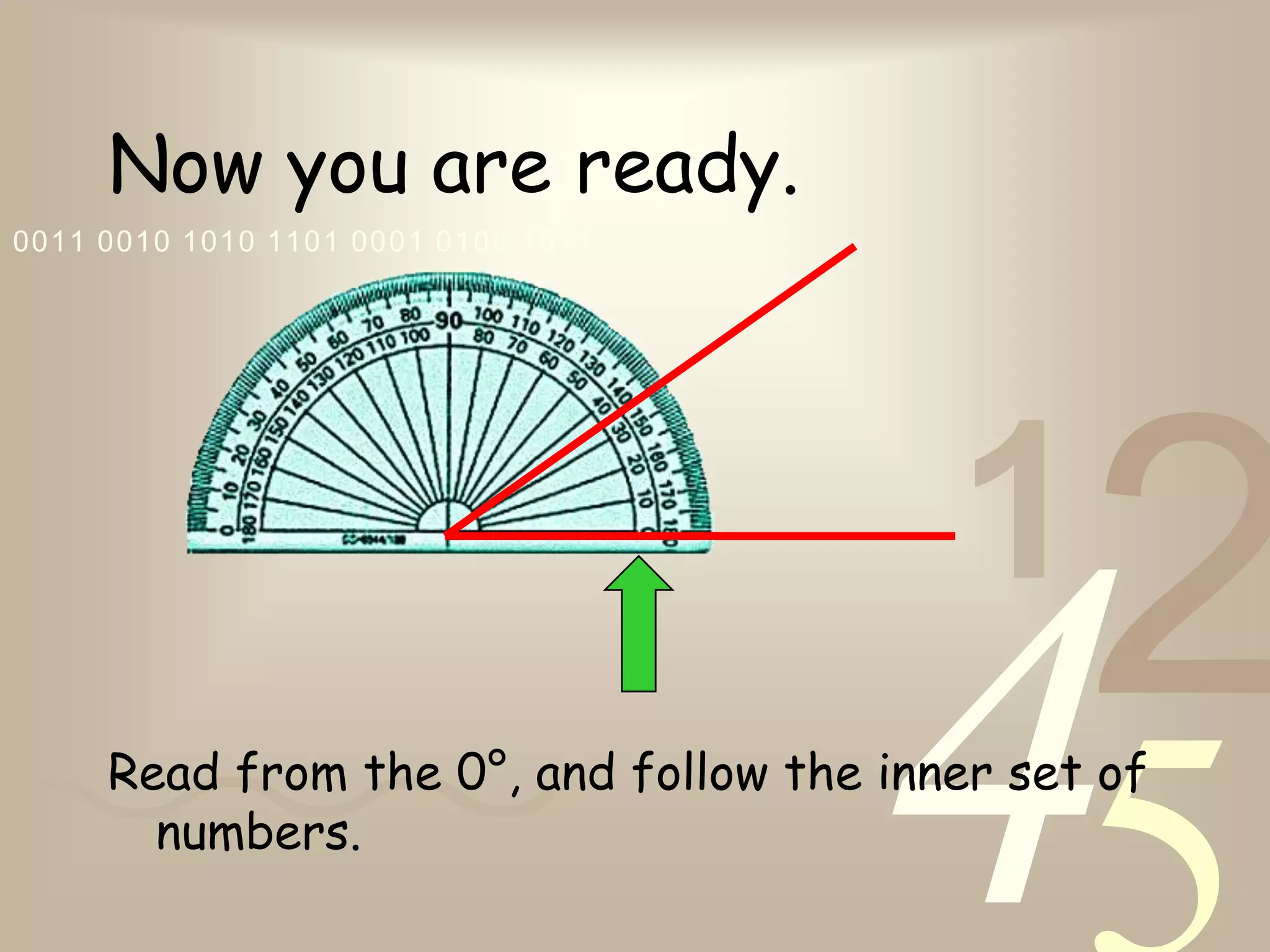 421
0011 0010 1010 1101 0001 0100 1011
Now you are ready.
Read from the 0°, and follow the inner set of
numbers.