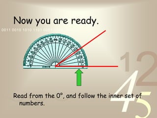 421
0011 0010 1010 1101 0001 0100 1011
Now you are ready.
Read from the 0°, and follow the inner set of
numbers.
 