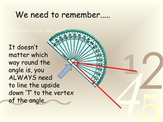421
0011 0010 1010 1101 0001 0100 1011
We need to remember.....
It doesn’t
matter which
way round the
angle is, you
ALWAYS need
to line the upside
down ‘T’ to the vertex
of the angle.
 