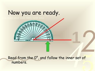 421
0011 0010 1010 1101 0001 0100 1011
Now you are ready.
Read from the 0°, and follow the inner set of
numbers.
 