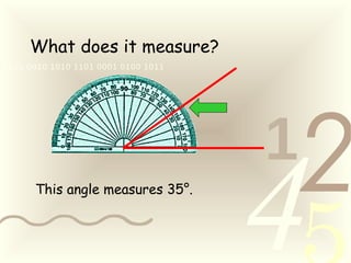 421
0011 0010 1010 1101 0001 0100 1011
What does it measure?
This angle measures 35°.
 