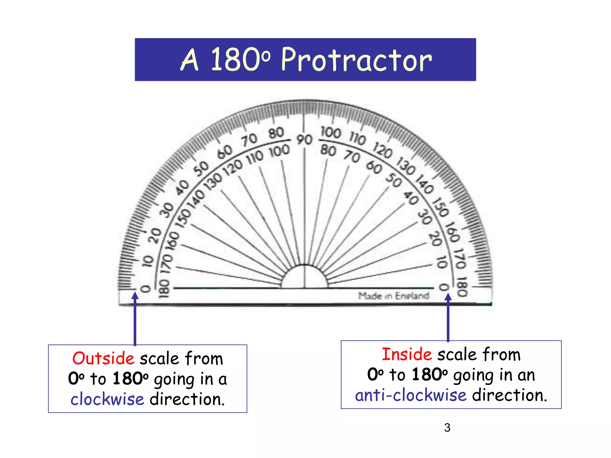 3
A 180o Protractor
Outside scale from
0o to 180o going in a
clockwise direction.
Inside scale from
0o to 180o going in an
anti-clockwise direction.
 