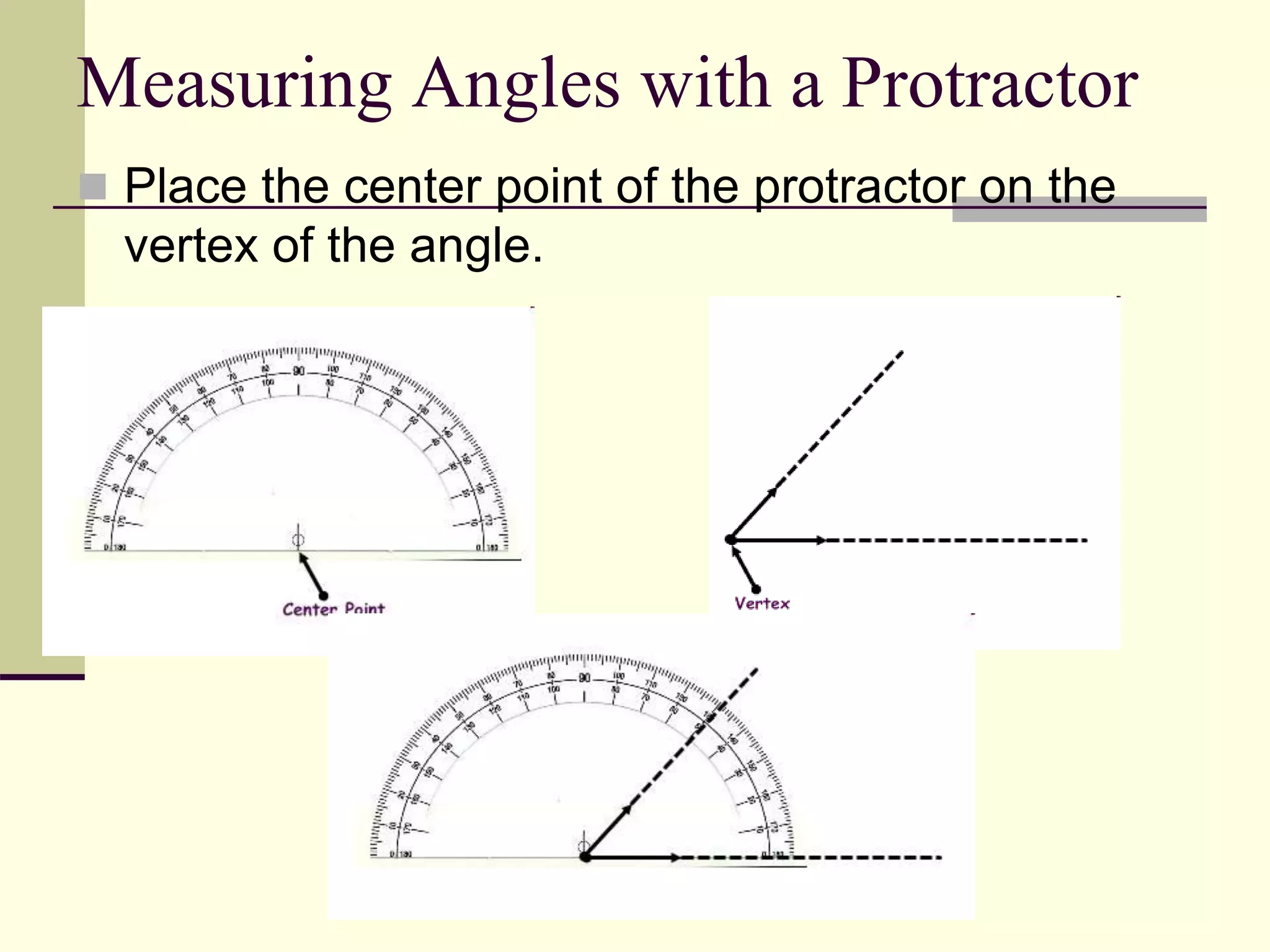 Measuring Angles with a Protractor
 Place the center point of the protractor on the
vertex of the angle.
 