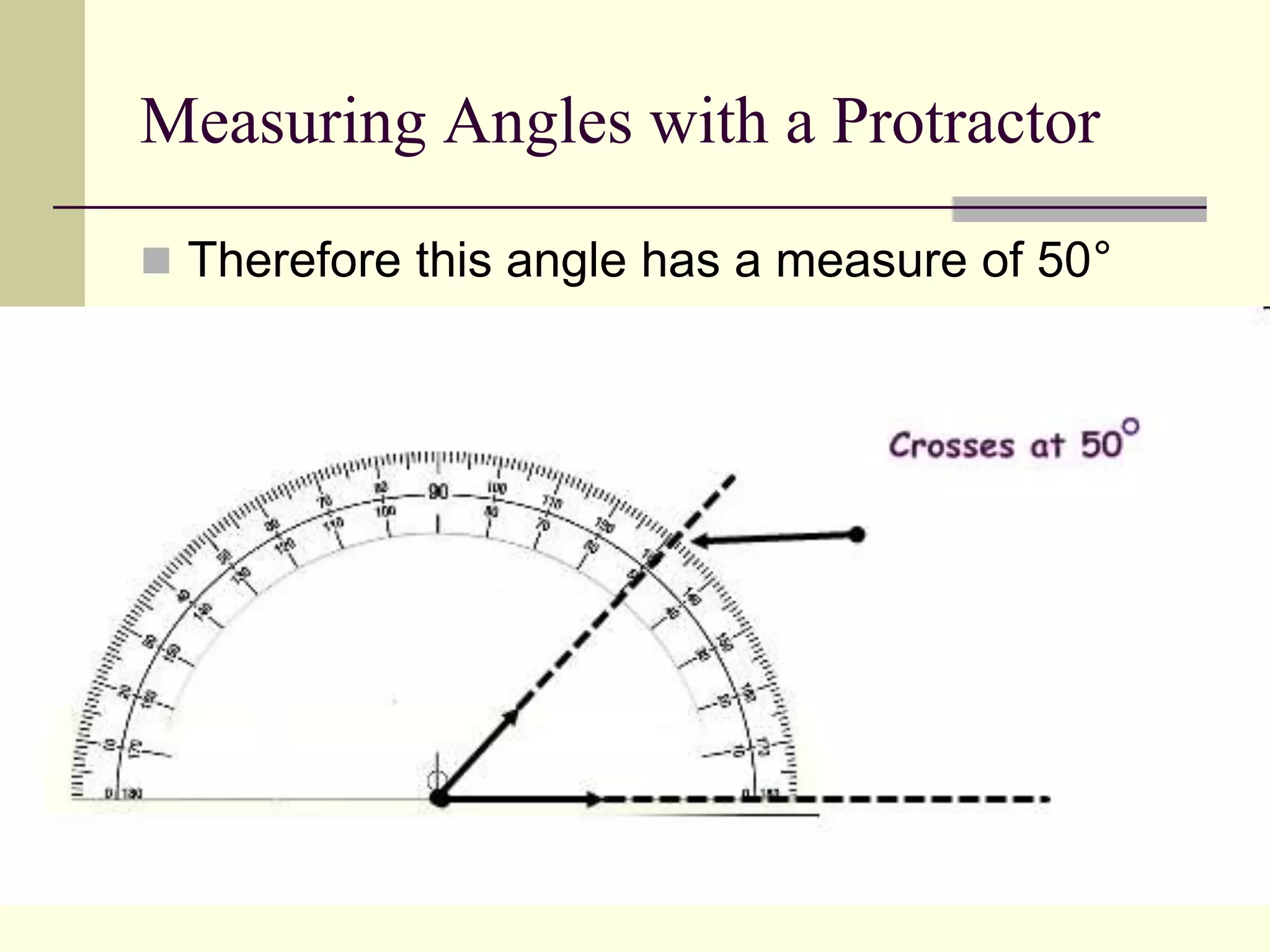 Measuring Angles with a Protractor
 Therefore this angle has a measure of 50°
 