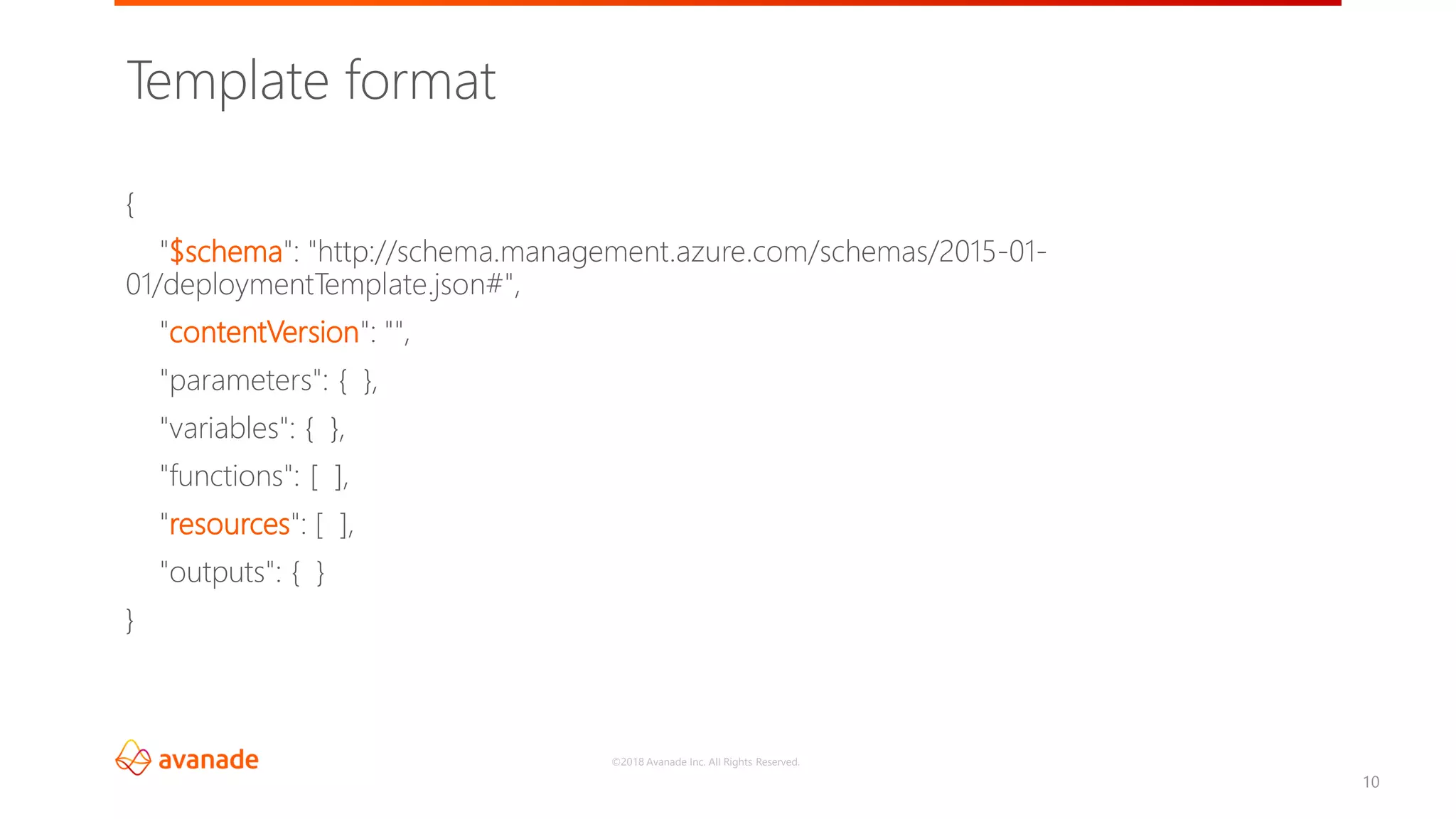 ©2018 Avanade Inc. All Rights Reserved.
10
Template format
{
"$schema": "http://schema.management.azure.com/schemas/2015-01-
01/deploymentTemplate.json#",
"contentVersion": "",
"parameters": { },
"variables": { },
"functions": [ ],
"resources": [ ],
"outputs": { }
}
 