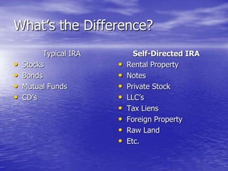 What’s the Difference?
          Typical IRA         Self-Directed IRA
•   Stocks              •   Rental Property
•   Bon...