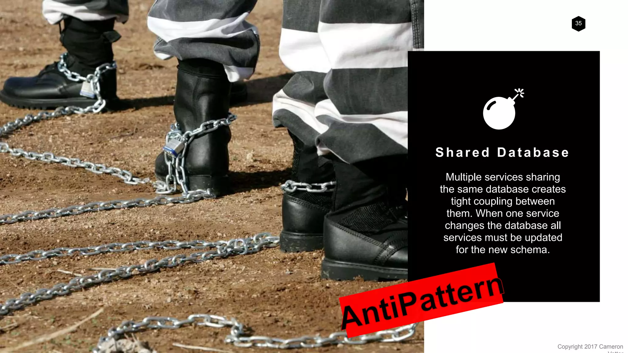 35
Copyright 2017 Cameron
Shar ed Database
Multiple services sharing
the same database creates
tight coupling between
them. When one service
changes the database all
services must be updated
for the new schema.
 