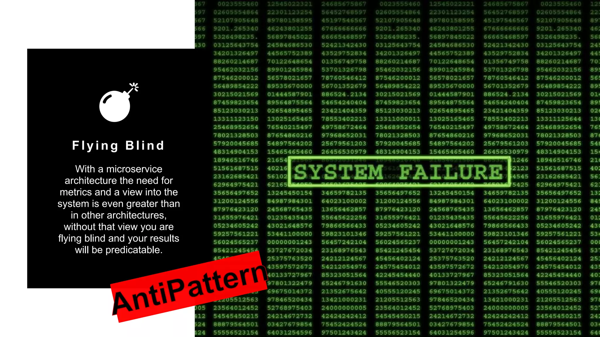 36
Copyright 2017 Cameron
Flying Blind
With a microservice
architecture the need for
metrics and a view into the
system is even greater than
in other architectures,
without that view you are
flying blind and your results
will be predicatable.
 