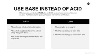 24
Copyright 2017 Cameron
• More complex to develop for
• Must have a strategy for stale data
• Must have a strategy for inconsistent data
• Allows for cost effective horizontal scaling
• Allows for live updates of a service without
taking the system down
• Able to deal with large quantities of data and
huge scale
PROS CONS
USE BASE INSTEAD OF ACID
A Microservice Architecture MUST plan for BASE as a consistency model between
services. ACID consistency quickly cripples a microservice architecture.
 