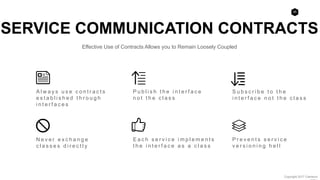 26
Copyright 2017 Cameron
S u b s c r i b e t o t h e
i n t e r f a c e n o t t h e c l a s s
N e v e r e x c h a n g e
c l a s s e s d i r e c t l y
P u b l i s h t h e i n t e r f a c e
n o t t h e c l a s s
E a c h s e r v i c e i m p l e m e n t s
t h e i n t e r f a c e a s a c l a s s
P r e v e n t s s e r v i c e
v e r s i o n i n g h e l l
SERVICE COMMUNICATION CONTRACTS
Effective Use of Contracts Allows you to Remain Loosely Coupled
A l w a y s u s e c o n t r a c t s
e s t a b l i s h e d t h r o u g h
i n t e r f a c e s
 