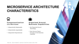 9
Copyright 2017 Cameron
MICROSERVICE ARCHITECTURE
CHARACTERISTICS
S o u r c e : m a r t i n f o w l e r . c o m / a r t i c l e s / m i c r o s e r v i c e s . h t m l
C o m p o n e n t i z a t i o n
v i a S e r v i c e s
• Independently Replaceable
• Independently Upgradeable
• Independent Dependencies
O r g a n i z e d A r o u n d
B u s i n e s s C a p a b i l i t i e s
• Not Organized Around
Technology
• Each Service (Team)
Focuses on One Business
Capability
 