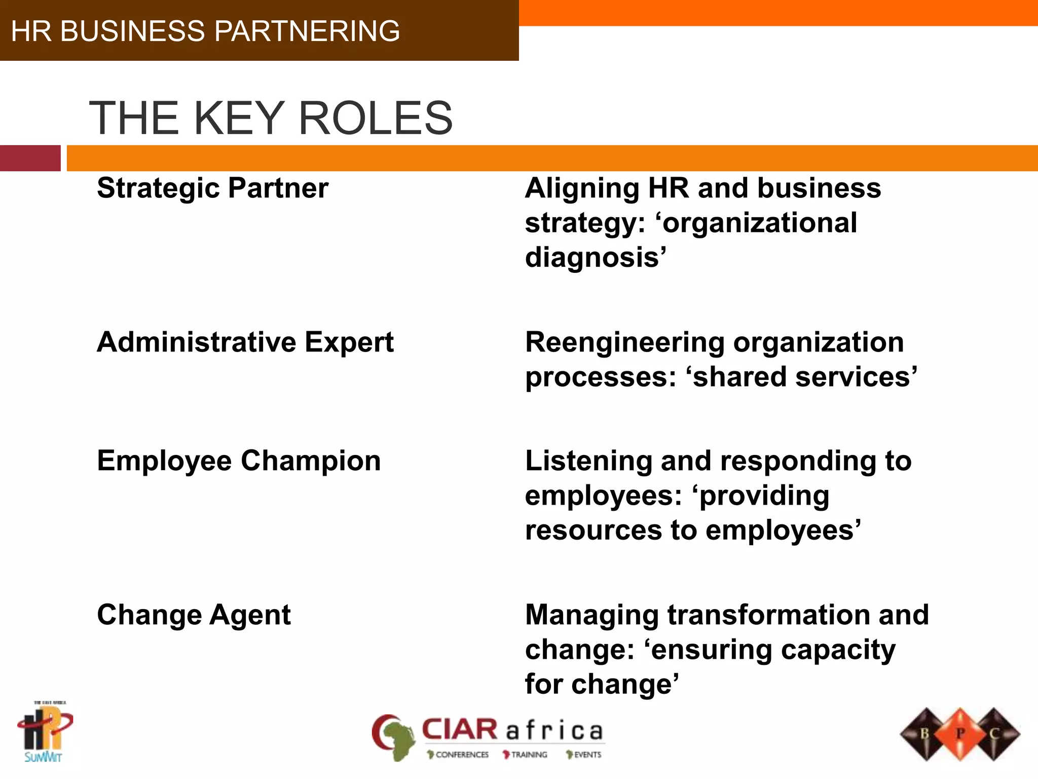 Strengthening HR contribution (ctd)All of HR should be listening to, and responding to, its stakeholders.Use tools like 360 degree feedback and customer satisfaction surveys to obtain a broad range of views on how well the HR function, including business partners, are fulfilling their role.