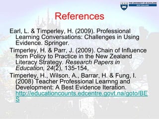 References
Earl, L. & Timperley, H. (2009). Professional
  Learning Conversations: Challenges in Using
  Evidence. Springer.
Timperley, H. & Parr, J. (2009). Chain of Influence
  from Policy to Practice in the New Zealand
  Literacy Strategy. Research Papers in
  Education, 24(2), 135-154,
Timperley, H., Wilson, A., Barrar, H. & Fung, I.
  (2008) Teacher Professional Learnng and
  Development: A Best Evidence Iteration.
  http://educationcounts.edcentre.govt.na/goto/BE
  S
 