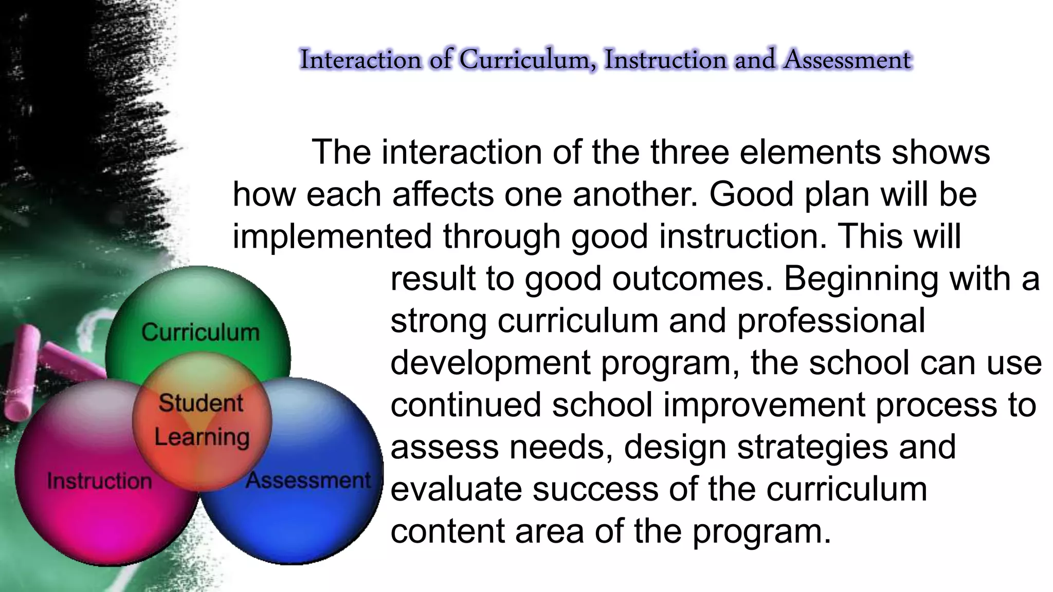 Interaction of Curriculum, Instruction and Assessment
The interaction of the three elements shows
how each affects one another. Good plan will be
implemented through good instruction. This will
result to good outcomes. Beginning with a
strong curriculum and professional
development program, the school can use
continued school improvement process to
assess needs, design strategies and
evaluate success of the curriculum
content area of the program.
 