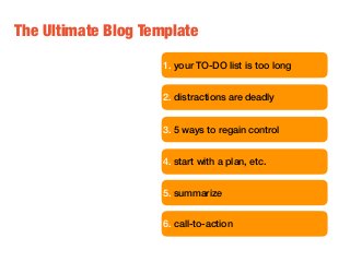 1. your TO-DO list is too long
2. distractions are deadly
3. 5 ways to regain control
4. start with a plan, etc.
5. summarize
6. call-to-action
The Ultimate Blog Template
 