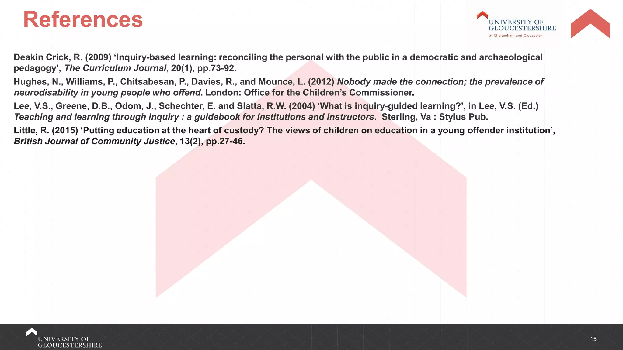 15
References
Deakin Crick, R. (2009) ‘Inquiry-based learning: reconciling the personal with the public in a democratic and archaeological
pedagogy’, The Curriculum Journal, 20(1), pp.73-92.
Hughes, N., Williams, P., Chitsabesan, P., Davies, R., and Mounce, L. (2012) Nobody made the connection; the prevalence of
neurodisability in young people who offend. London: Office for the Children’s Commissioner.
Lee, V.S., Greene, D.B., Odom, J., Schechter, E. and Slatta, R.W. (2004) ‘What is inquiry-guided learning?’, in Lee, V.S. (Ed.)
Teaching and learning through inquiry : a guidebook for institutions and instructors. Sterling, Va : Stylus Pub.
Little, R. (2015) ‘Putting education at the heart of custody? The views of children on education in a young offender institution’,
British Journal of Community Justice, 13(2), pp.27-46.
 