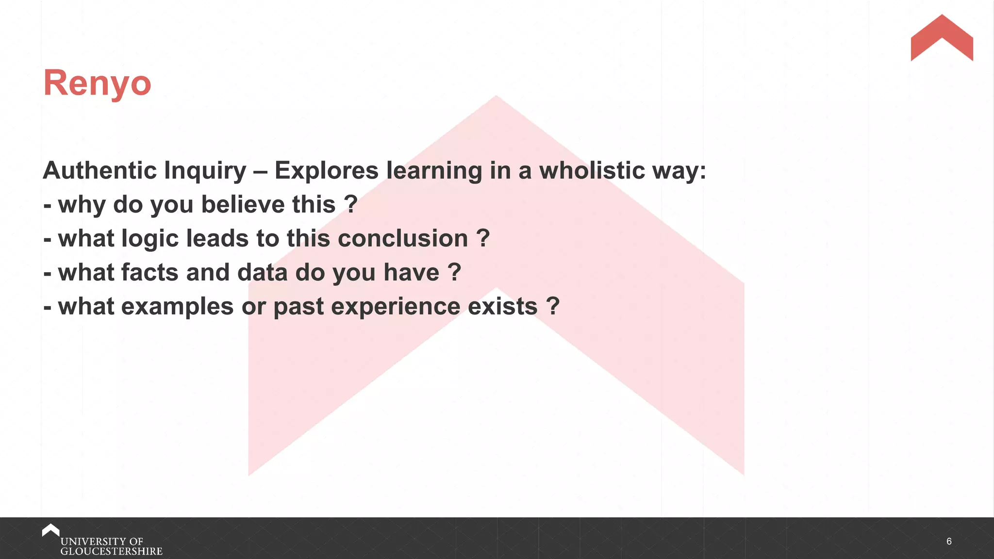 6
Renyo
Authentic Inquiry – Explores learning in a wholistic way:
- why do you believe this ?
- what logic leads to this conclusion ?
- what facts and data do you have ?
- what examples or past experience exists ?
 