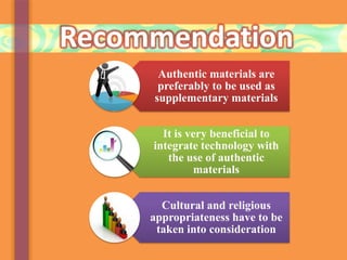 Recommendation
Authentic materials are
preferably to be used as
supplementary materials
It is very beneficial to
integrate technology with
the use of authentic
materials
Cultural and religious
appropriateness have to be
taken into consideration
 
