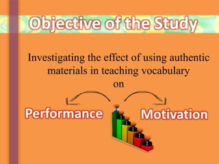 Objective of the Study
Investigating the effect of using authentic
materials in teaching vocabulary
on
Performance Motivation
 