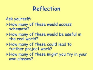 Reflection
Ask yourself:
How many of these would access
schemata?
How many of these would be useful in
the real world?
How many of these could lead to
further project work?
How many of these might you try in your
own classes?
 