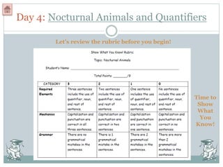 Day 4: Nocturnal Animals and Quantifiers
Let’s review the rubric before you begin!
Time to
Show
What
You
Know!
 