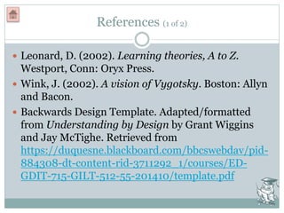 References (1 of 2)
 Leonard, D. (2002). Learning theories, A to Z.
Westport, Conn: Oryx Press.
 Wink, J. (2002). A vision of Vygotsky. Boston: Allyn
and Bacon.
 Backwards Design Template. Adapted/formatted
from Understanding by Design by Grant Wiggins
and Jay McTighe. Retrieved from
https://duquesne.blackboard.com/bbcswebdav/pid-
884308-dt-content-rid-3711292_1/courses/ED-
GDIT-715-GILT-512-55-201410/template.pdf
 
