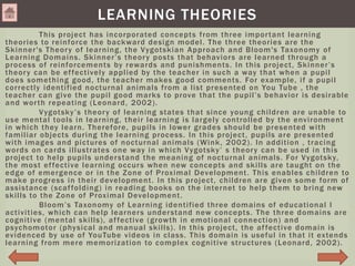 This project has incorporated concepts from three important learning
theories to reinforce the backward design model. The three theories are the
Skinner's Theory of learning, the Vygotskian Approach and Bloom's Taxonomy of
Learning Domains. Skinner’s theory posts that behaviors are learned through a
process of reinforcements by rewards and punishments. In this project, Skinner’s
theory can be effectively applied by the teacher in such a way that when a pupil
does something good, the teacher makes good comments. For example, if a pupil
correctly identified nocturnal animals from a list presented on You Tube , the
teacher can give the pupil good marks to prove that the pupil’s behavior is desirable
and worth repeating (Leonard, 2002).
Vygotsky’s theory of learning states that since young children are unable to
use mental tools in learning, their learning is largely controlled by the environment
in which they learn. Therefore, pupils in lower grades should be presented with
familiar objects during the learning process. In this project, pupils are presented
with images and pictures of nocturnal animals (Wink, 2002). In addition , tracing
words on cards illustrates one way in which Vygotsky’ s theory can be used in this
project to help pupils understand the meaning of nocturnal animals. For Vygotsky,
the most effective learning occurs when new concepts and skills are taught on the
edge of emergence or in the Zone of Proximal Development. This enables children to
make progress in their development. In this project, children are given some form of
assistance (scaffolding) in reading books on the internet to help them to bring new
skills to the Zone of Proximal Development.
Bloom’s Taxonomy of Learning identified three domains of educational l
activities, which can help learners understand new concepts. The three domains are
cognitive (mental skills), affective (growth in emotional connection) and
psychomotor (physical and manual skills). In this project, the affective domain is
evidenced by use of YouTube videos in class. This domain is useful in that it extends
learning from mere memorization to complex cognitive structures (Leonard, 2002).
LEARNING THEORIES
 