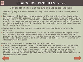3 students in the class are English Language Learners:
---Leonidas (Leo) is a native French and Japanese speaker; dad is French/mom is
Japanese
 Leo was part of the Kindergarten program at the current school and was tested
and entered the ESL program at beginner level - was part of the pull-out program
run by the ESL specialist - transferred to intermediate level during mid-year of his
Kindergarten year - still is needing extra support and is pulled out for 2 periods a
day twice a week with the ESL Specialist, but learns in the mainstream classroom
for the majority of the week
---Sophia is a native German and Japanese speaker; dad is German/mom is
Japanese
 Sophia was a transfer student this year and had been exposed to English in her
past school in the Early Childhood program - was tested and entered the ESL
program at the intermediate level - still is needing extra support and is pulled our
for 2 periods twice a week with the ESL Specialist, but learns in the mainstream
classroom with her peers
---Nina is a native Dutch speaker; both parents are Dutch
 Nina’s family immigrated to the US when Nina was five-years-old - she entered
Kindergarten mid-year at the current school - was tested and entered the ESL
program at beginner level - was part of the pull-out program run by the ESL
specialist - continues in 1st grade at the beginner level - is pulled out for 5
periods three times a week with the ESL Specialist, but learns in the mainstream
classroom with her peers
LEARNERS’ PROFILES (2 OF 4)
 
