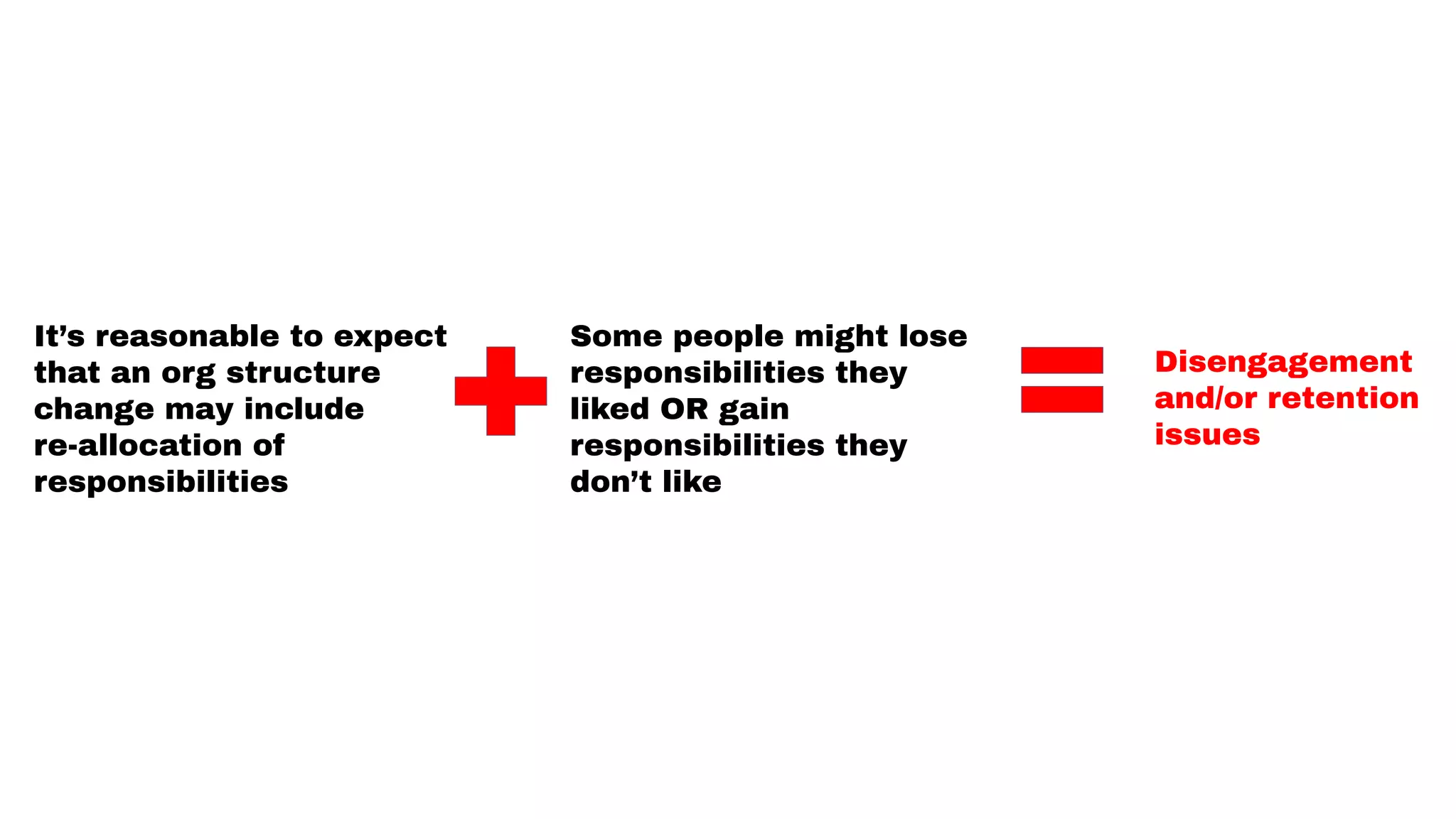 It’s reasonable to expect
that an org structure
change may include
re-allocation of
responsibilities
Some people might lose
responsibilities they
liked OR gain
responsibilities they
don’t like
Disengagement
and/or retention
issues
 
