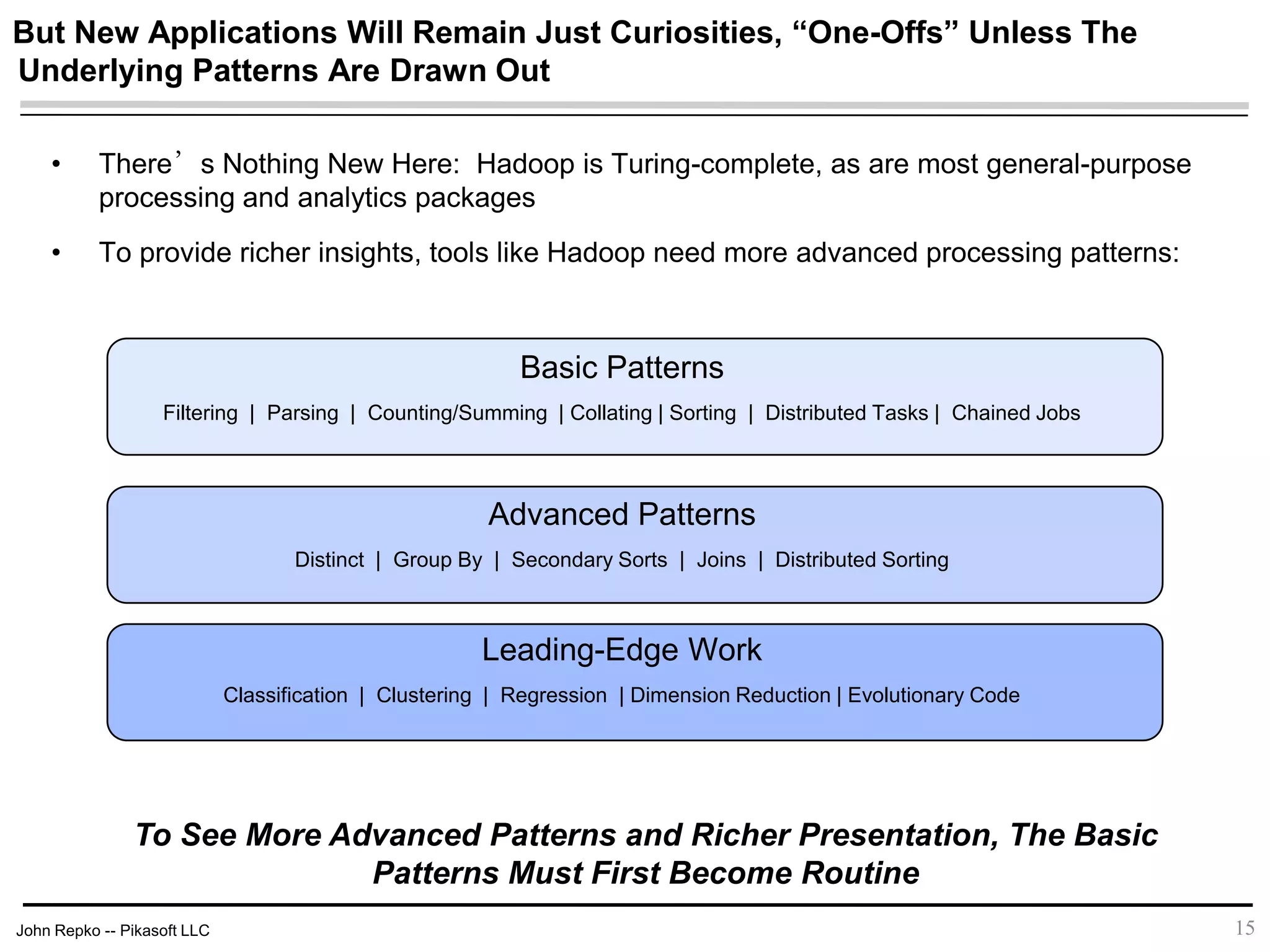 John Repko -- Pikasoft LLC
But New Applications Will Remain Just Curiosities, “One-Offs” Unless The
Underlying Patterns Are Drawn Out
• There’s Nothing New Here: Hadoop is Turing-complete, as are most general-purpose
processing and analytics packages
• To provide richer insights, tools like Hadoop need more advanced processing patterns:
Basic Patterns
Filtering | Parsing | Counting/Summing | Collating | Sorting | Distributed Tasks | Chained Jobs
Advanced Patterns
Distinct | Group By | Secondary Sorts | Joins | Distributed Sorting
Leading-Edge Work
Classification | Clustering | Regression | Dimension Reduction | Evolutionary Code
15
To See More Advanced Patterns and Richer Presentation, The Basic
Patterns Must First Become Routine
 