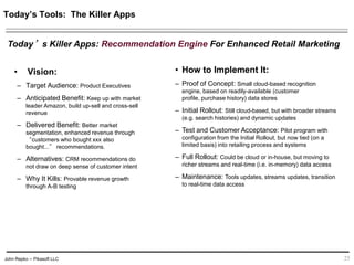John Repko -- Pikasoft LLC
• Vision:
– Target Audience: Product Executives
– Anticipated Benefit: Keep up with market
leader Amazon, build up-sell and cross-sell
revenue
– Delivered Benefit: Better market
segmentation, enhanced revenue through
“customers who bought xxx also bought...”
recommendations.
– Alternatives: CRM recommendations do
not draw on deep sense of customer intent
– Why It Kills: Provable revenue growth
through A-B testing
25
Today’s Killer Apps: Recommendation Engine For Enhanced Retail Marketing
• How to Implement It:
– Proof of Concept: Small cloud-based recognition
engine, based on readily-available (customer profile,
purchase history) data stores
– Initial Rollout: Still cloud-based, but with broader
streams (e.g. search histories) and dynamic updates
– Test and Customer Acceptance: Pilot program with
configuration from the Initial Rollout, but now tied (on a
limited basis) into retailing process and systems
– Full Rollout: Could be cloud or in-house, but moving to
richer streams and real-time (i.e. in-memory) data access
– Maintenance: Tools updates, streams updates, transition
to real-time data access
Today’s Tools: The Killer Apps
 